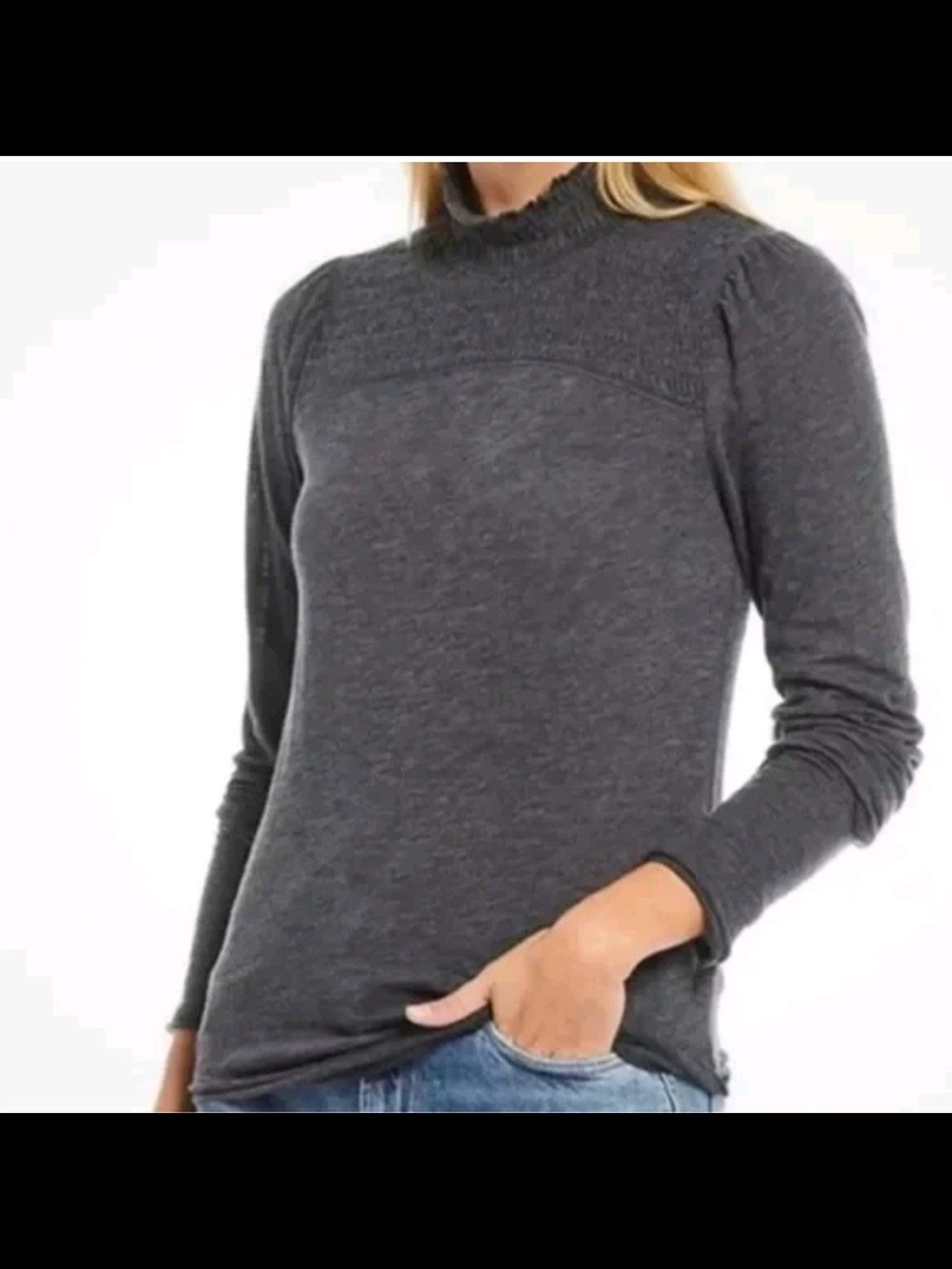 Free People We The Free Caroline Smocked High Neck Top Large Grey $78 Boho